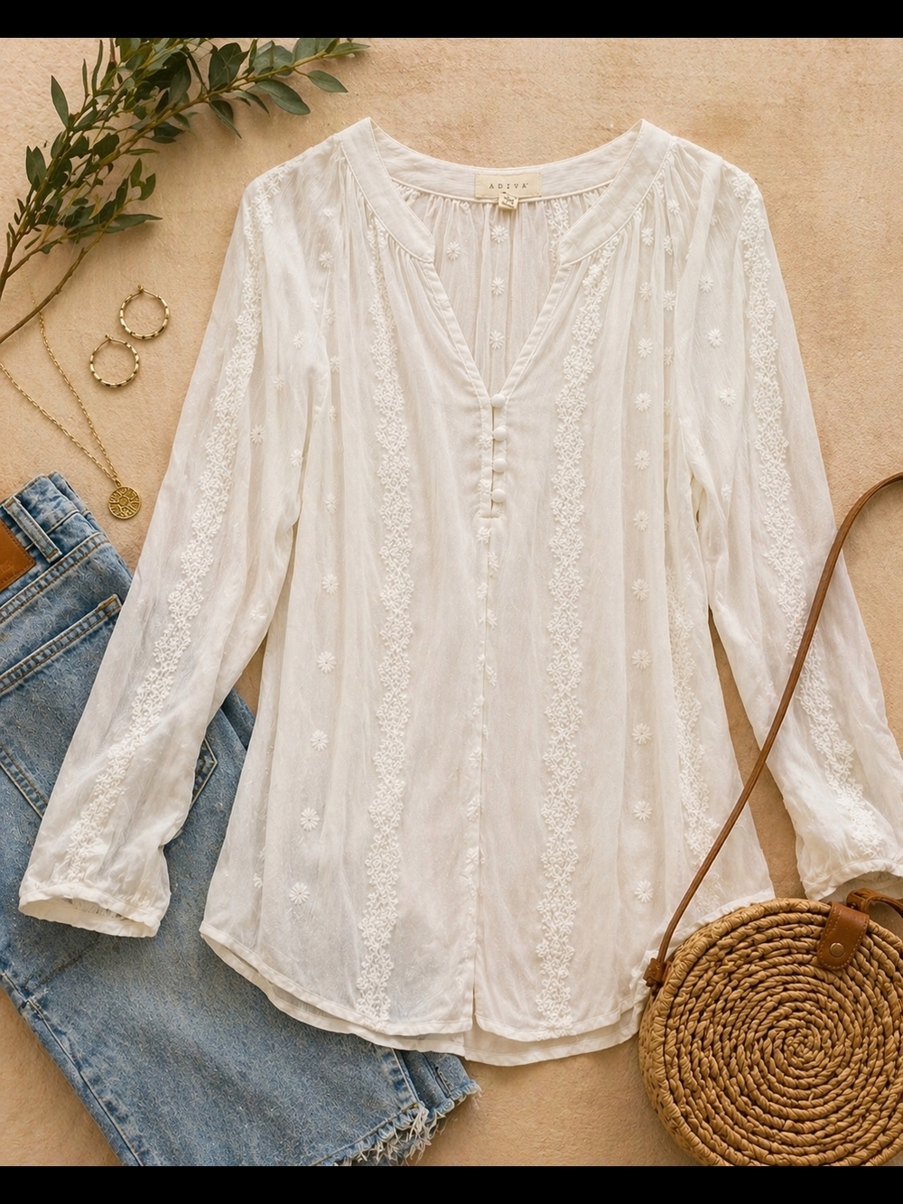 ADIVA White Embroidered V-Neck Peasant Blouse M